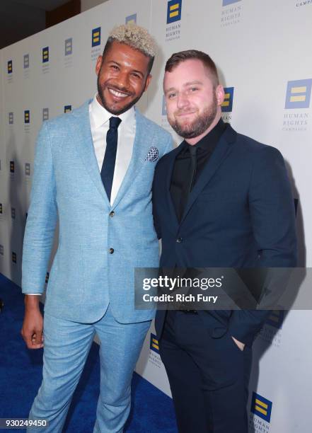 Jeffrey Bowyer-Chapman and John Poliquin attend The Human Rights Campaign 2018 Los Angeles Gala Dinner at JW Marriott Los Angeles at L.A. LIVE on...