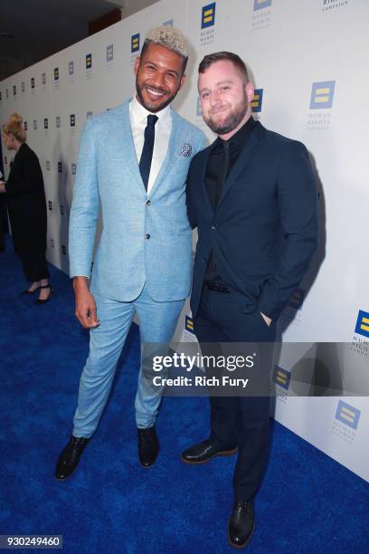 Jeffrey Bowyer-Chapman and John Poliquin attend The Human Rights Campaign 2018 Los Angeles Gala Dinner at JW Marriott Los Angeles at L.A. LIVE on...