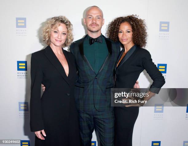 Teri Polo, Peter Paige and Sherri Saum attend The Human Rights Campaign 2018 Los Angeles Gala Dinner at JW Marriott Los Angeles at L.A. LIVE on March...