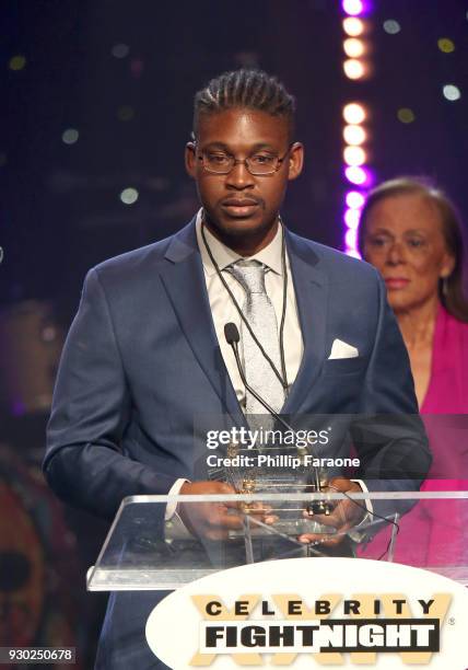 Hero of the 2017 Las Vegas Shooting & The Muhammad Ali Celebrity Fight Night Award Recipient Jonathan Smith speaks onstage at Celebrity Fight Night...