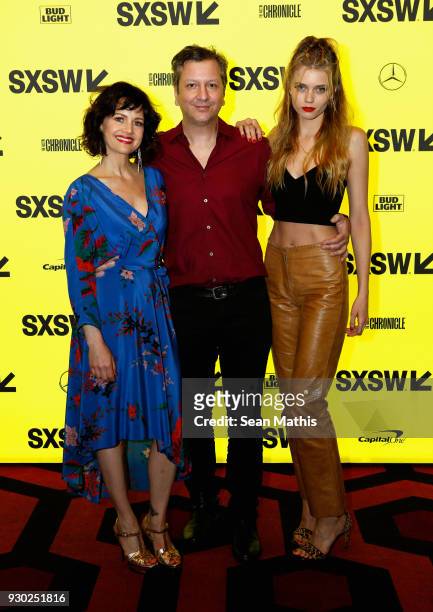 Actor Carla Gugino, writer/director Sebastian Gutierrez and actor Abbey Lee attend the premiere of "Elizabeth Harvest" during at Alamo Lamar on March...