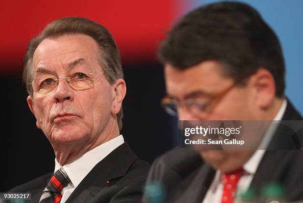 Sigmar Gabriel , new Chairman designate of the German Social Democratic Party , and outgoing Chairman Franz Muentefering attend the SPD party...