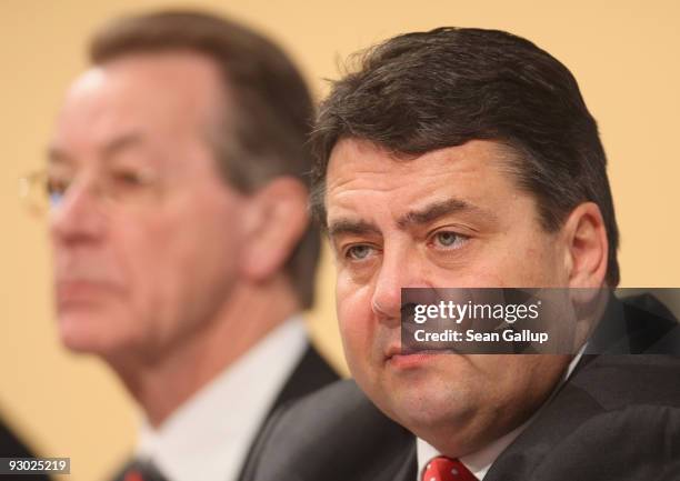 Sigmar Gabriel , new Chairman designate of the German Social Democratic Party , and outgoing Chairman Franz Muentefering attend the SPD party...