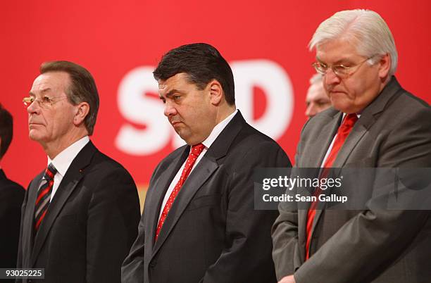 Sigmar Gabriel , new Chairman designate of the German Social Democratic Party , outgoing Chairman Franz Muentefering and SPD Bundestag faction leader...