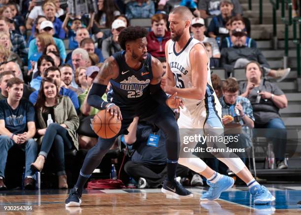 Wesley Matthews of the Dallas Mavericks handles the ball against the Memphis Grizzlies on March 10, 2018 at the American Airlines Center in Dallas,...