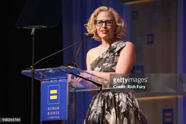 Congresswoman Kyrsten Sinema speaks onstage at The Human Rights Campaign 2018 Los Angeles Gala Dinner at JW Marriott Los Angeles at L.A. LIVE on...