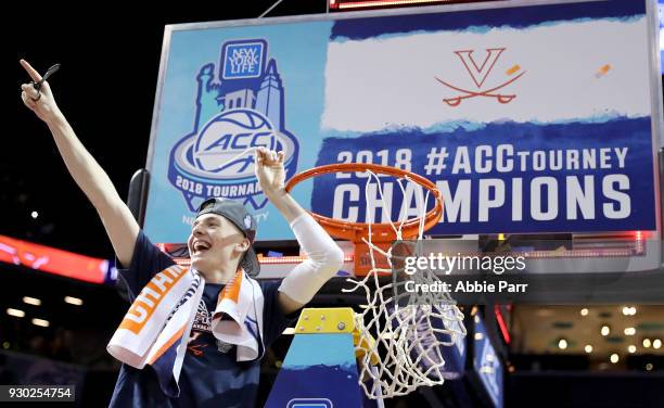 Tournament MVP Kyle Guy of the Virginia Cavaliers celebrates after defeating the North Carolina Tar Heels 71-63 during the championship game of the...