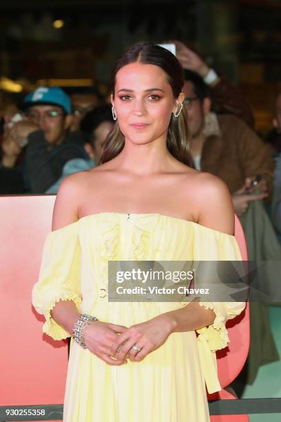 Actress Alicia Vikander attends the "Tomb Raider" Mexico City Premiere at Oasis Coyoacan on March 10, 2018 in Mexico City, Mexico.