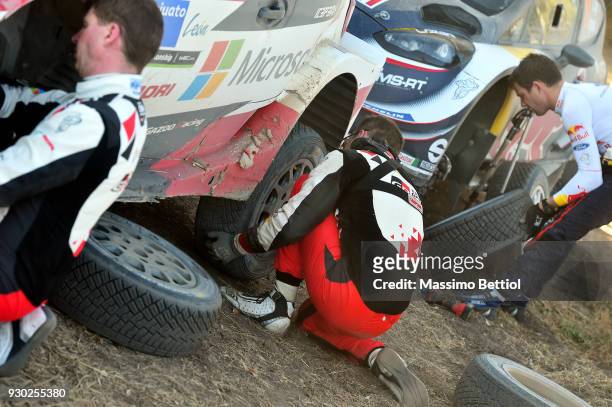 Mikka Anttila and Jari Matti Latvala from Finland, Sebastien Ogier from France changing tires before SSS 17/18 Autodromo de Leon during Day Two of...