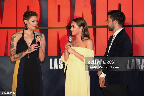Pamela Voguel, Alicia Vikander and Diego Alfaro attend the "Tomb Raider" Mexico City premiere at Oasis Coyoacan on March 10, 2018 in Mexico City,...