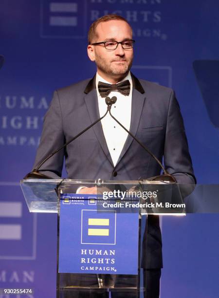Human Rights Campaign President Chad Griffin speaks onstage during the Human Rights Campaign's 2018 Los Angeles Gala Dinner at JW Marriott Los...