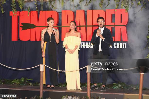 Pamela Voguel, Alicia Vikander and Diego Alfaro attend the "Tomb Raider" Mexico City premiere at Oasis Coyoacan on March 10, 2018 in Mexico City,...