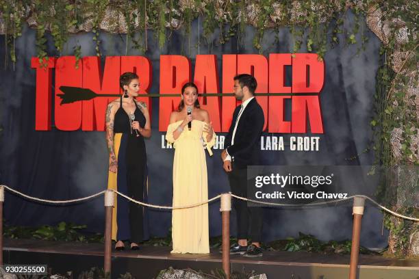 Pamela Voguel, Alicia Vikander and Diego Alfaro attend the "Tomb Raider" Mexico City premiere at Oasis Coyoacan on March 10, 2018 in Mexico City,...