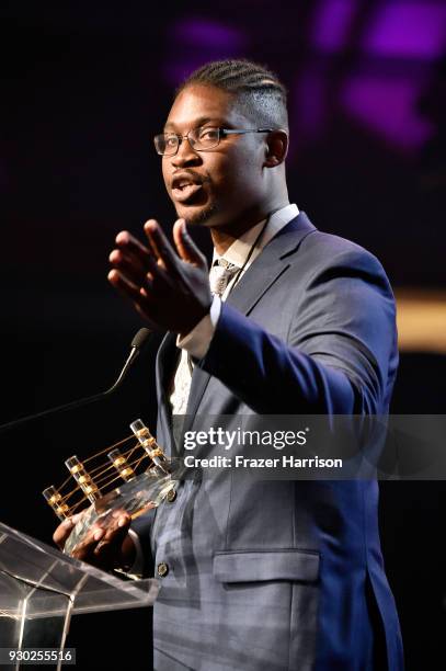 Heroes of the 2017 Las Vegas Shooting & Muhammed Ali Celebrity Fight Night Award recipient Jonathan Smith speaks onstage at Celebrity Fight Night...