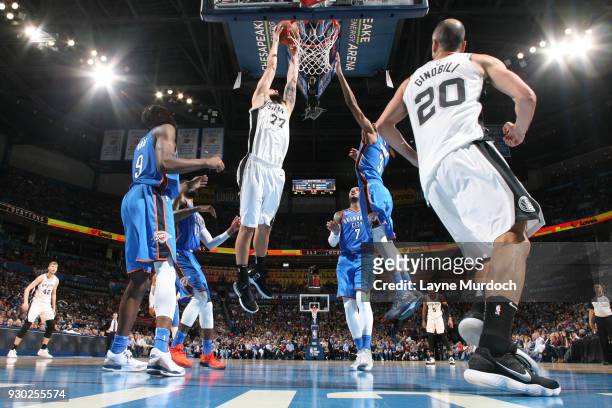Joffrey Lauvergne of the San Antonio Spurs handles the ball against the Oklahoma City Thunder on March 10, 2018 at Chesapeake Energy Arena in...