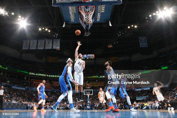 Joffrey Lauvergne of the San Antonio Spurs shoots the ball against the Oklahoma City Thunder on March 10, 2018 at Chesapeake Energy Arena in Oklahoma...