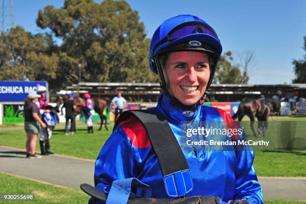 Rebeka Prest after winning the Echuca Newsagency BM58 Handicap at Echuca Racecourse on March 11, 2018 in Echuca, Australia.