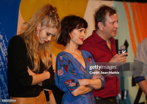 Actors Abbey Lee, Carla Gugino and writer/director Sebastian Gutierrez speak onstage at the premiere of "Elizabeth Harvest" during at Alamo Lamar on...