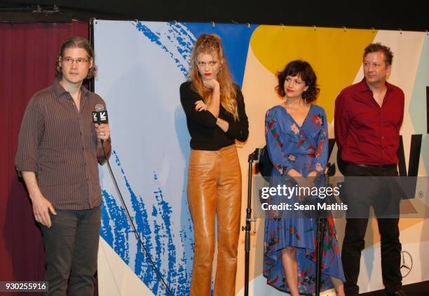 Actors Abbey Lee, Carla Gugino and writer/director Sebastian Gutierrez speak onstage at the premiere of "Elizabeth Harvest" during at Alamo Lamar on...