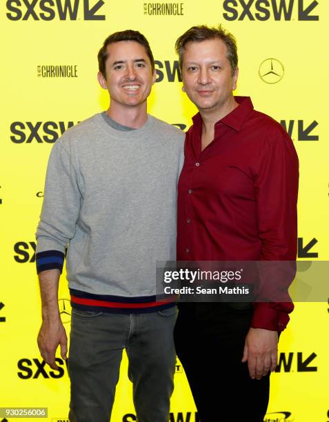 Brian Kavanagh and writer/director Sebastian Gutierrez attend the premiere of "Elizabeth Harvest" during at Alamo Lamar on March 10, 2018 in Austin,...