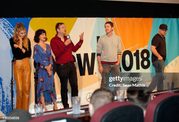 Actors Abbey Lee, Carla Gugino, writer/director Sebastian Gutierrez and Brian Kavanagh speak onstage at the premiere of "Elizabeth Harvest" during at...