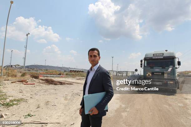 Luigi Di Maio, one of the leaders of the italian political Movement 5 Stars, during a political meeting in a waste dump.