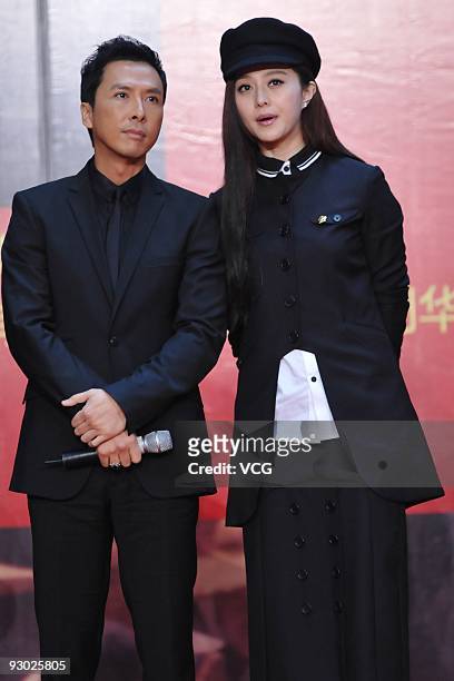 Hongkong actor Donnie Yen and Chinese actress Fan Bingbing attend a press conference to promote the movie 'Bodyguards and assassins' on November 12,...