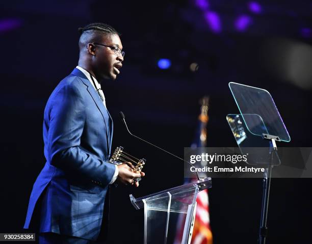 Heroes of the 2017 Las Vegas Shooting & Muhammed Ali Celebrity Fight Night Award recipient Jonathan Smith speaks onstage at Celebrity Fight Night...