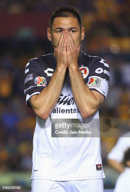 Pablo Aguilar of Tijuana reacts during the 11th round match between Tigres UANL and Tijuana as part of the Torneo Clausura 2018 Liga MX at...