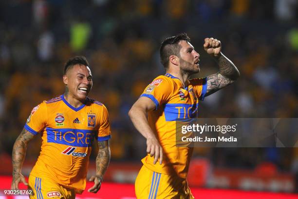 Andre-Pierre Gignac of Tigres celebrates after scoring the first goal of his team, during the 11th round match between Tigres UANL and Tijuana as...