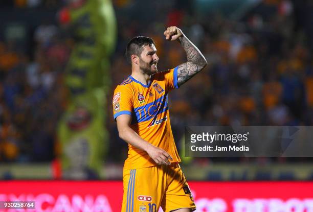 Andre-Pierre Gignac of Tigres celebrates after scoring the first goal of his team, during the 11th round match between Tigres UANL and Tijuana as...