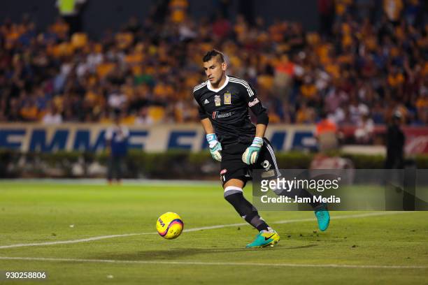 Nahuel Guzman of Tigres kicks the ball during the 11th round match between Tigres UANL and Tijuana as part of the Torneo Clausura 2018 Liga MX at...