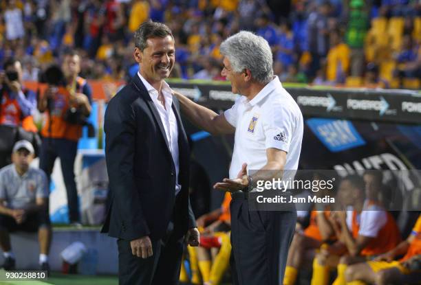 Diego Cocca, Coach of Tijuana and Ricardo Ferretti, coach of Tigres talk during the 11th round match between Tigres UANL and Tijuana as part of the...