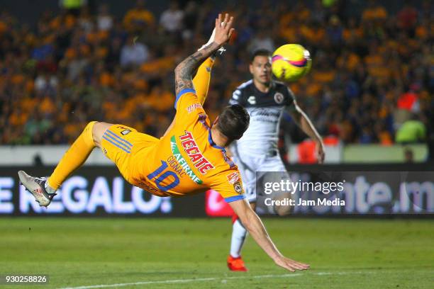 Andre-Pierre Gignac of Tigres attemps an overhead kick during the 11th round match between Tigres UANL and Tijuana as part of the Torneo Clausura...