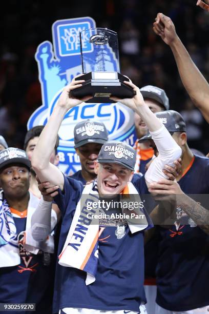 Kyle Guy of the Virginia Cavaliers celebrates after being named tournament MVP after defeating the North Carolina Tar Heels 71-63 during the...