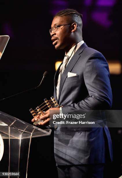 Heroes of the 2017 Las Vegas Shooting & Muhammed Ali Celebrity Fight Night Award recipient Jonathan Smith speaks onstage at Celebrity Fight Night...