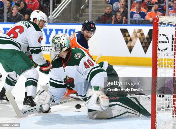 Anton Slepyshev of the Edmonton Oilers takes a shot on Devan Dubnyk of the Minnesota Wild on March 10, 2018 at Rogers Place in Edmonton, Alberta,...