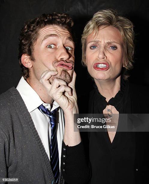 Matthew Morrison and Jane Lynch pose backstage at "Love, Loss and What I Wore" at The Westside Theater on November 12, 2009 in New York City.