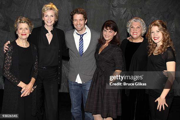 Mary Louise Wilson, Jane Lynch, Matthew Morrison, Mary Birdsong, Tyne Daly and Lisa Joyce pose backstage at "Love, Loss and What I Wore" at The...