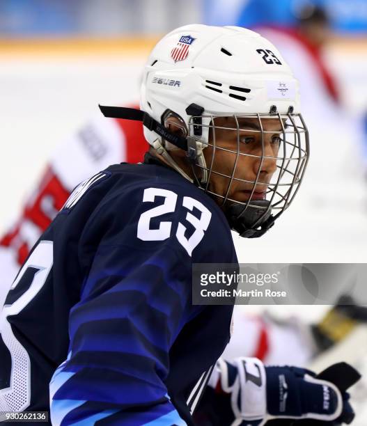 Rico Roman of United States in action against Japan in the Ice Hockey Preliminary Round - Group B game between United States and Japan during day two...