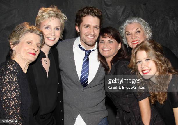 Mary Louise Wilson, Jane Lynch, Matthew Morrison, Mary Birdsong, Tyne Daly and Lisa Joyce pose backstage at "Love, Loss and What I Wore" at The...