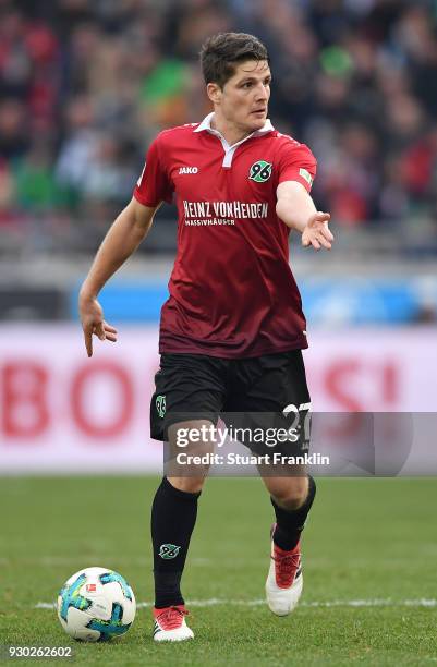 Pirmin Schwegler of Hannover in action during the Bundesliga match between Hannover 96 and FC Augsburg at HDI-Arena on March 10, 2018 in Hanover,...