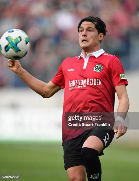 Miiko Albornoz of Hannover in action during the Bundesliga match between Hannover 96 and FC Augsburg at HDI-Arena on March 10, 2018 in Hanover,...