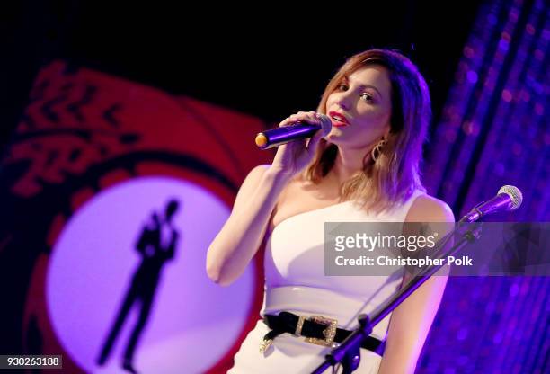 Singer Katharine McPhee performs onstage at the James Paw 007 Ties & Tails Gala at the Four Seasons Westlake Village on March 10, 2018 in Westlake...