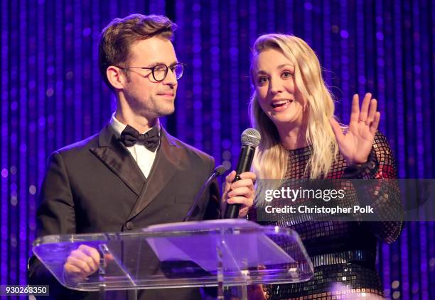 Paw Works Celebrity Ambassador/Board Member Kaley Cuoco and Paw Works Celebrity Ambassador Brad Goreski speak onstage at the James Paw 007 Ties &...