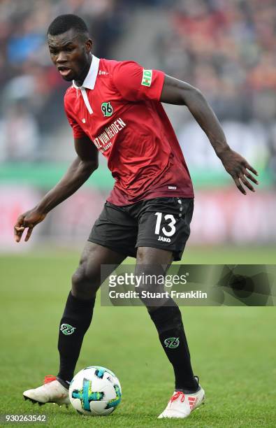 Ihlas Bebou of Hannover in action during the Bundesliga match between Hannover 96 and FC Augsburg at HDI-Arena on March 10, 2018 in Hanover, Germany.