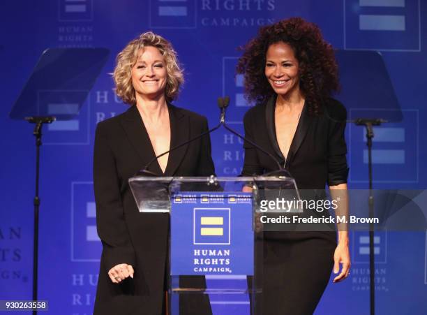 Teri Polo and Sherri Saum attend the Human Rights Campaign's 2018 Los Angeles Gala Dinner at JW Marriott Los Angeles at L.A. LIVE on March 10, 2018...