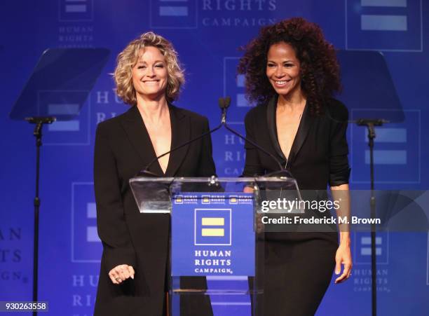 Teri Polo and Sherri Saum attend the Human Rights Campaign's 2018 Los Angeles Gala Dinner at JW Marriott Los Angeles at L.A. LIVE on March 10, 2018...