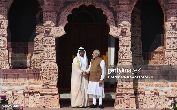 Indian Prime Minister Narendra Modi welcomes Sheikh Hamed Bin Zayed Al Nahyan, Chairman of the Crown Prince Court of Abu Dhabi, to the founding...