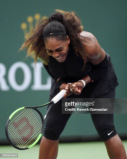 Serena Williams of United States celebrates after winning her second round match against Kiki Bertens of the Netherland during Day 6 of the BNP...